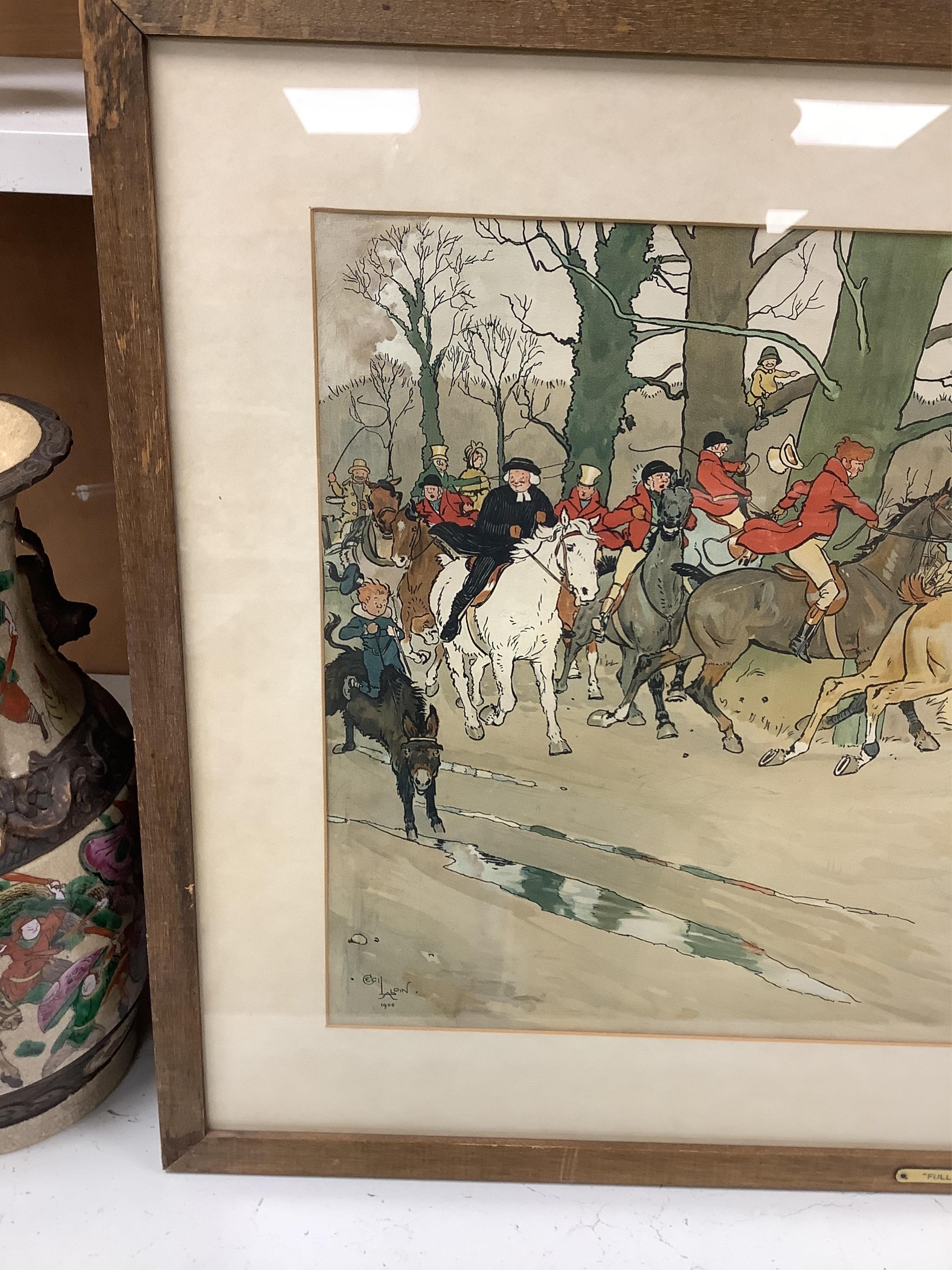 After Cecil Aldin (1870-1935), set of six colour hunting interest prints, to include 'Breaking cover', 'The Breakfast' and 'Full Cry', 37 x 60cm